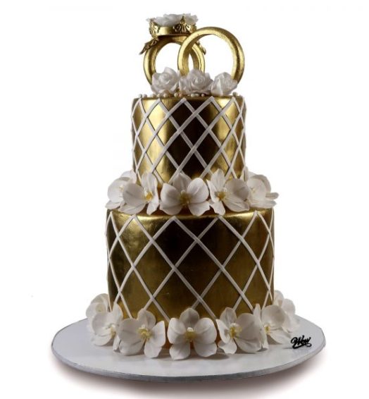 Gold Engagement Cake With Sugar Orchid Flowers.
